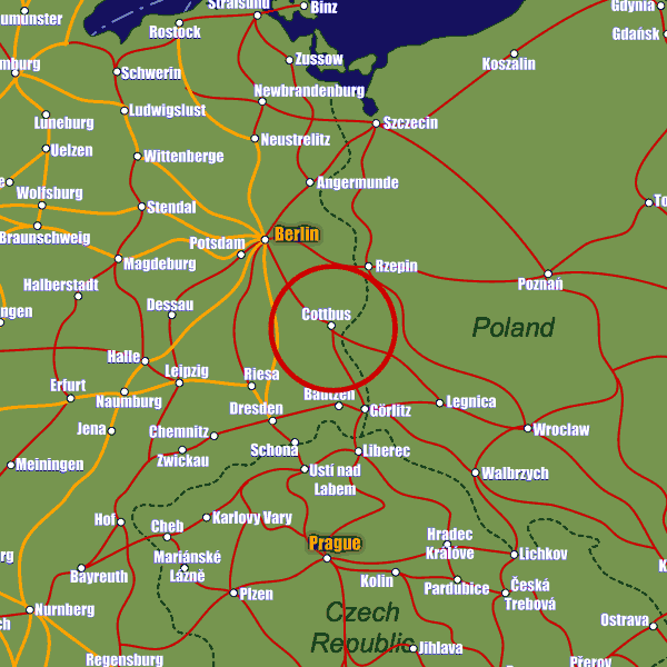 Germany rail map showing Cottbus