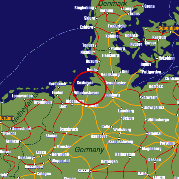 Germany rail map showing Cuxhaven