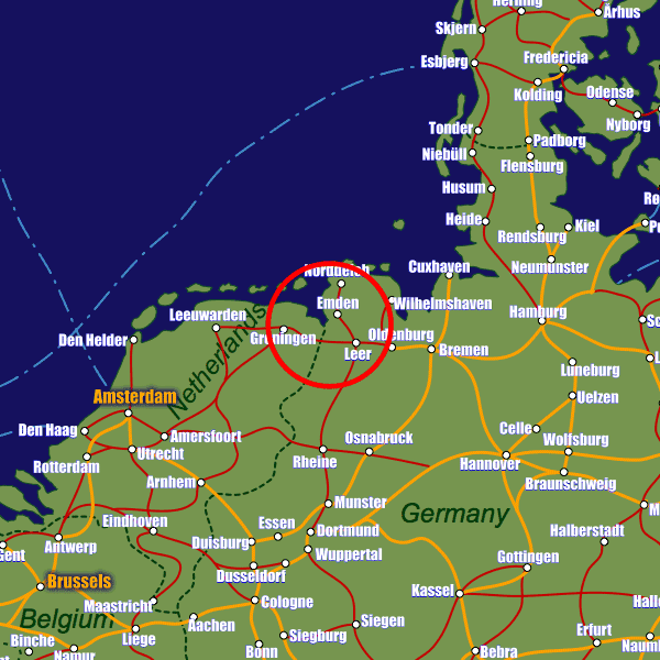 Germany rail map showing Emden