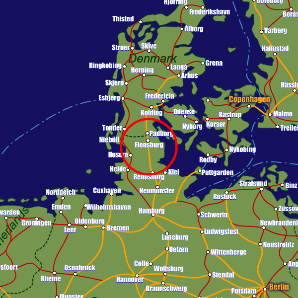 Germany rail map showing Flensburg