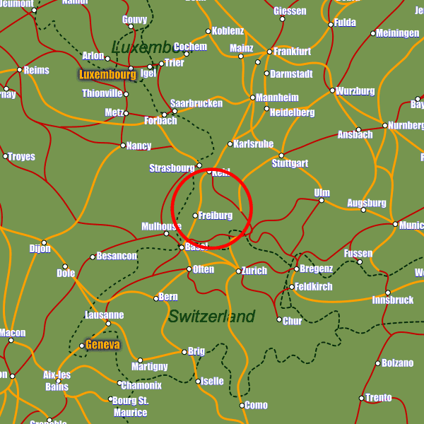 Germany rail map showing Freiburg