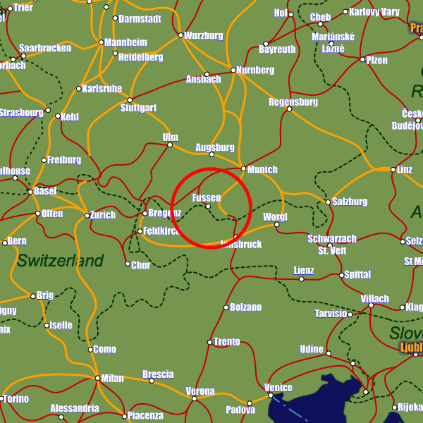 Germany rail map showing Füssen