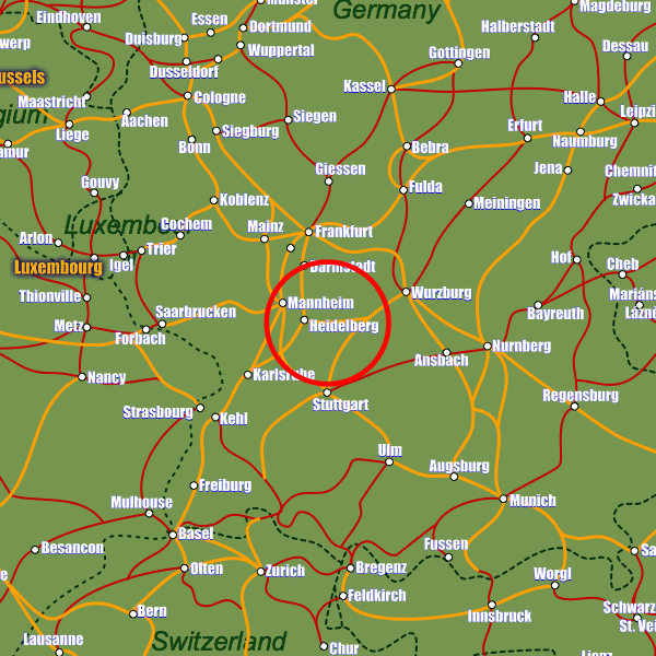 Germany rail map showing Heidelberg