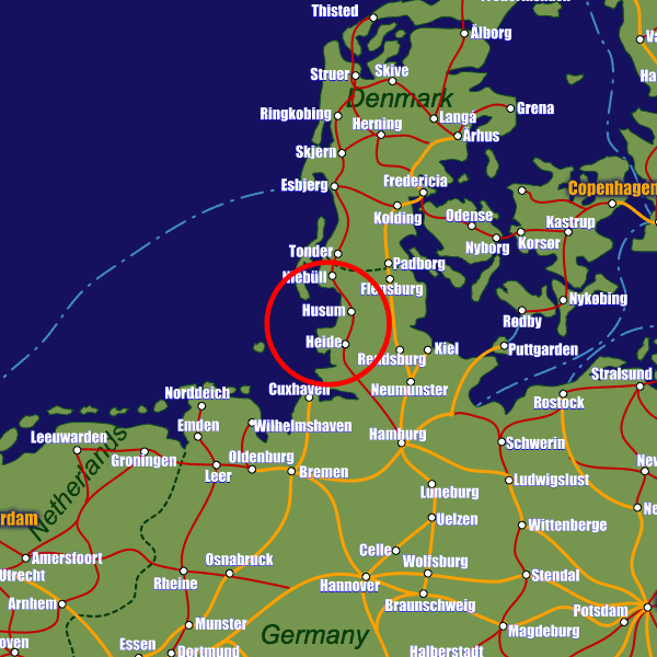 Germany rail map showing Husum