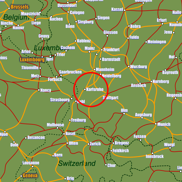 Germany rail map showing Karlsruhe