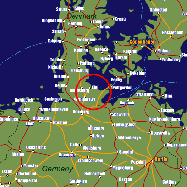 Germany rail map showing Kiel