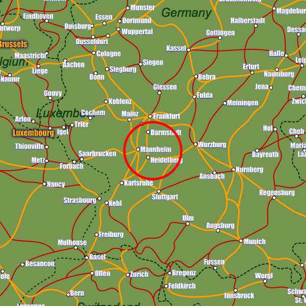 Germany rail map showing Mannheim