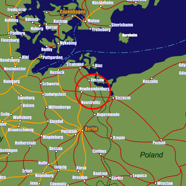 Germany rail map showing Neubrandenburg