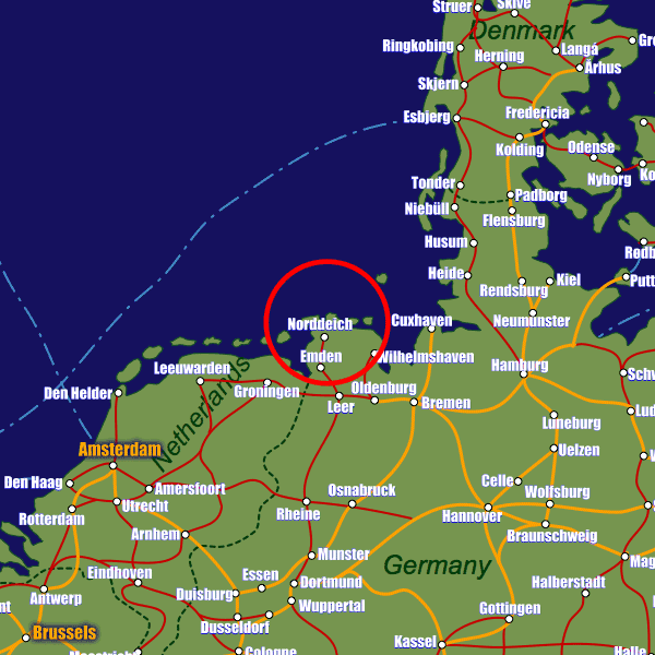 Germany rail map showing Norddeich