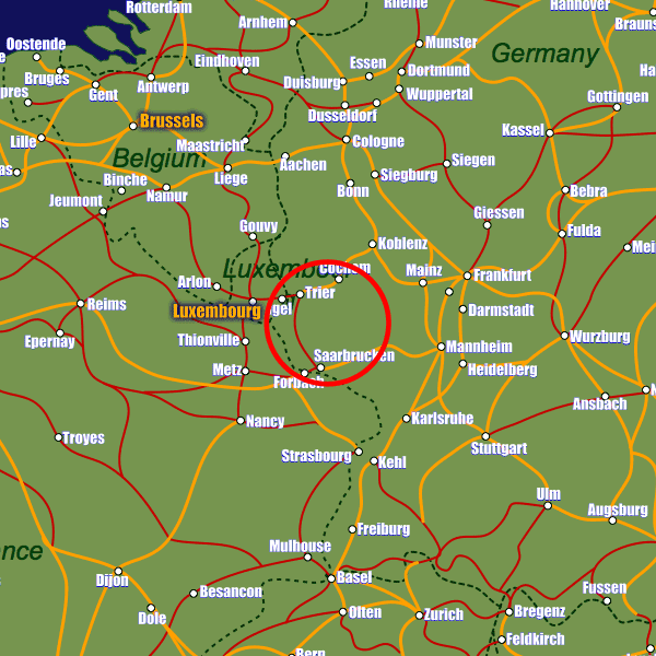 Germany rail map showing Nürburg