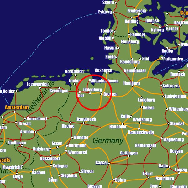 Germany rail map showing Oldenburg