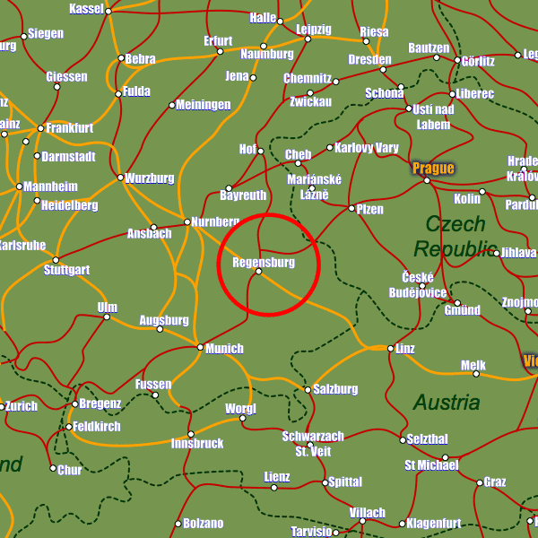 Germany rail map showing Regensburg