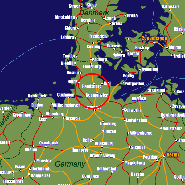 Germany rail map showing Rendsburg