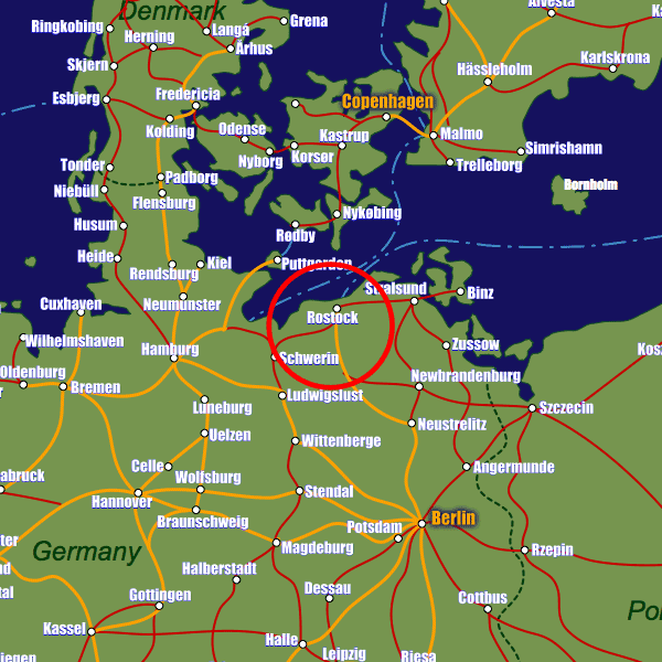 Germany rail map showing Rostock