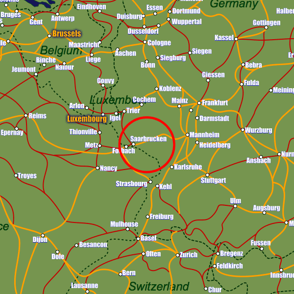 Germany rail map showing Saarbrücken