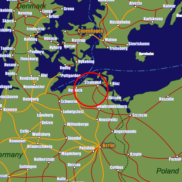 Germany rail map showing Stralsund