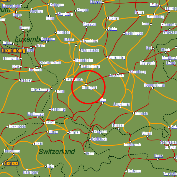 Germany rail map showing Stuttgart