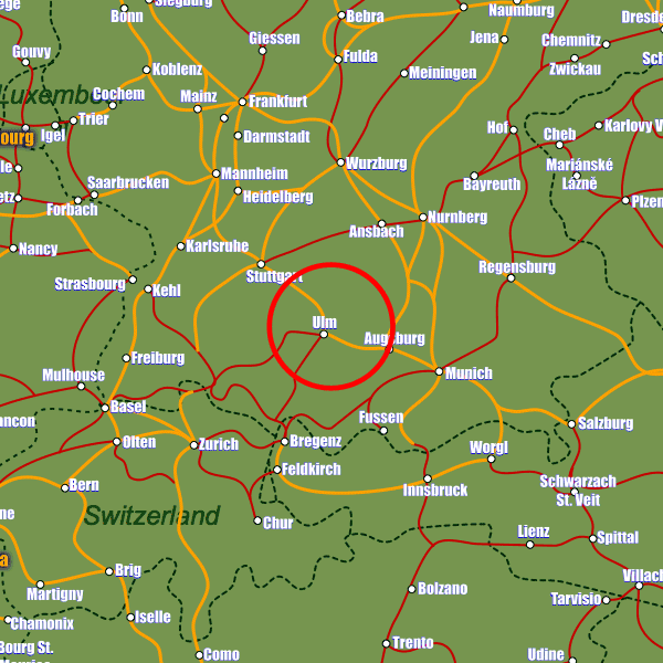 Germany rail map showing Ulm