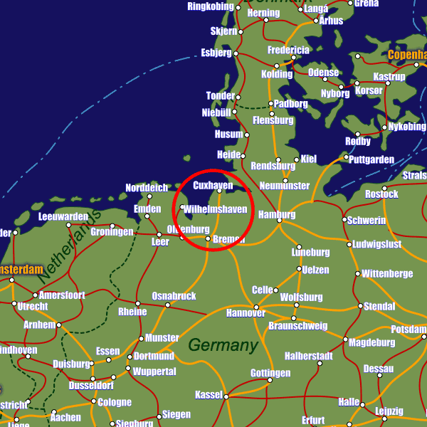 Germany rail map showing Wilhelmshaven