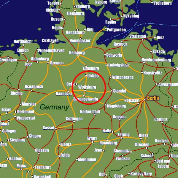 Germany rail map showing Wolfsburg