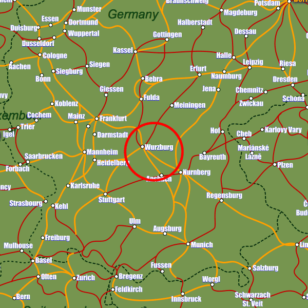 Germany rail map showing Wurzburg