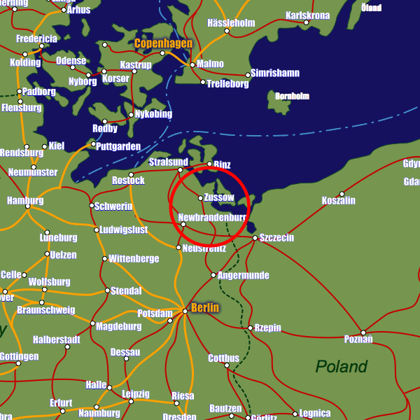 Germany rail map showing Züssow