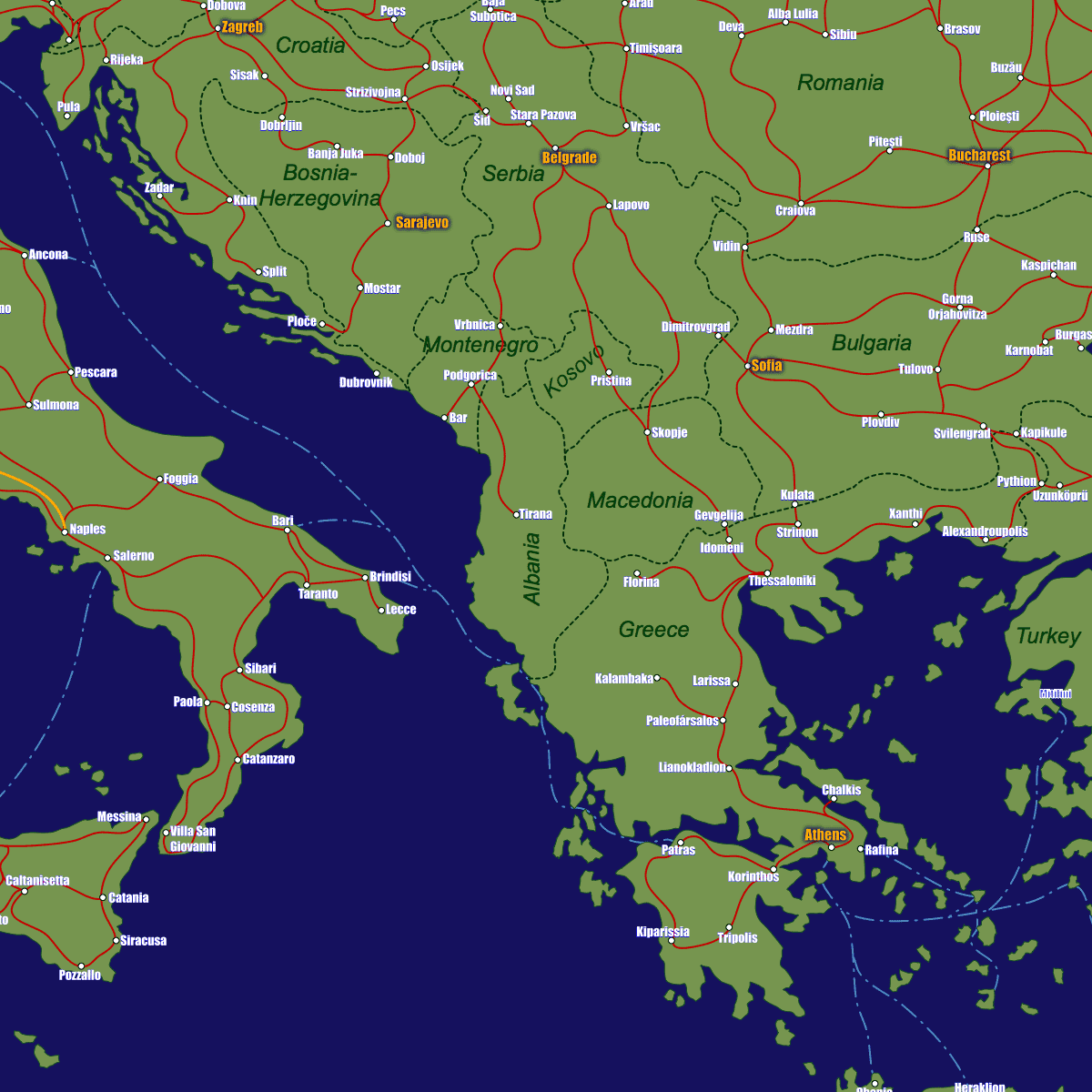 Greece rail map with Thessaloniki