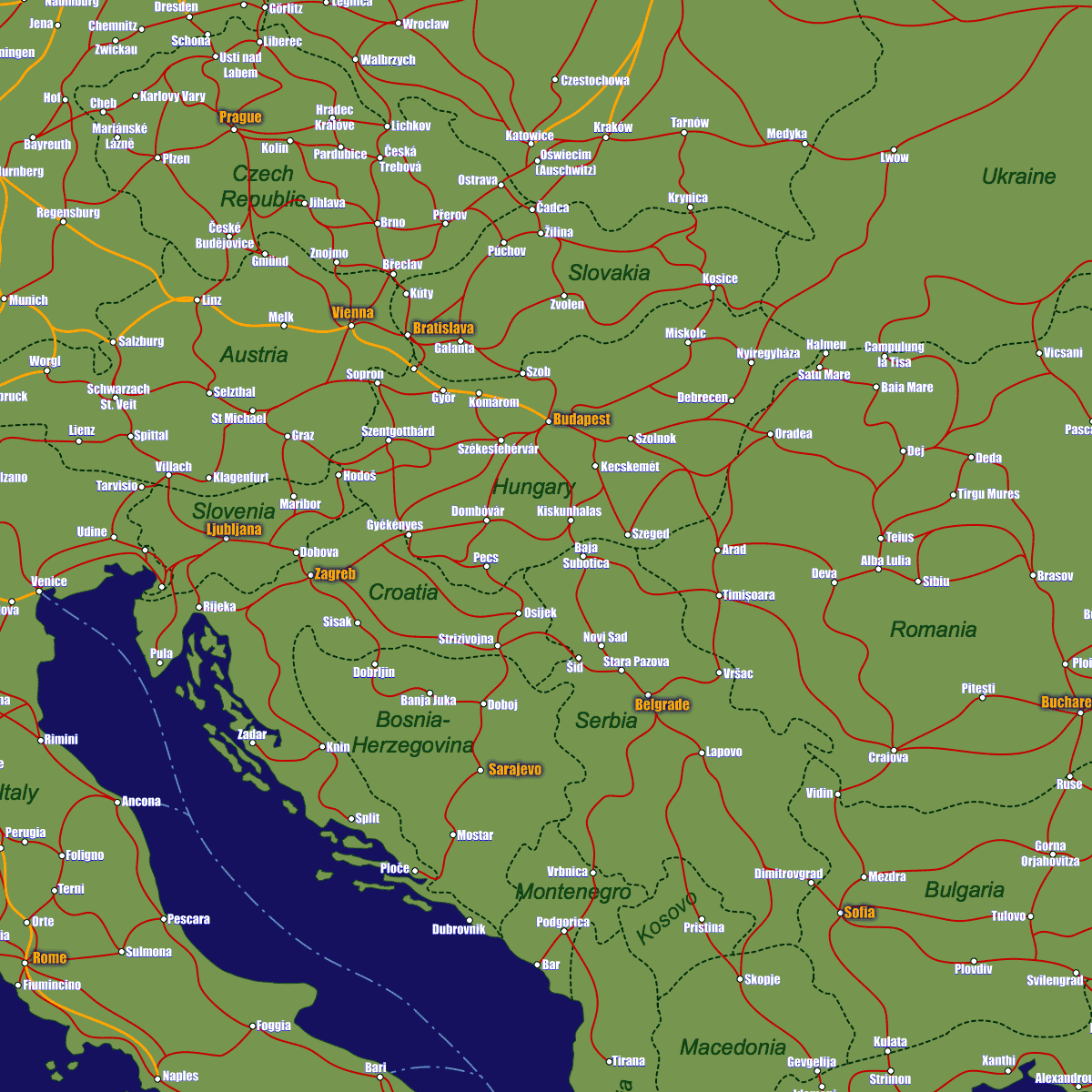 Hungary rail map with Debrecen