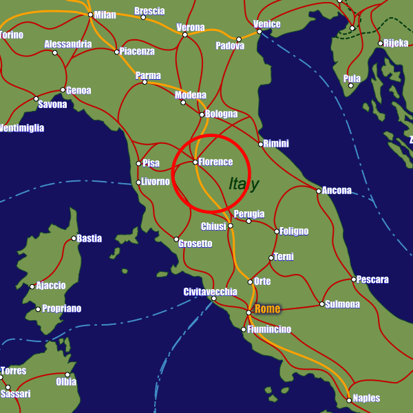 Italy rail map showing Florence