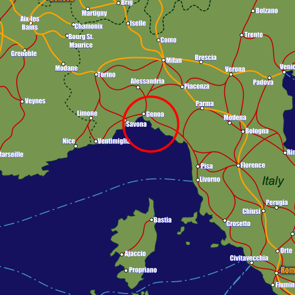 Italy rail map showing Genoa