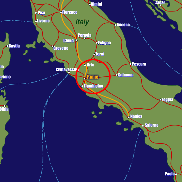 Italy rail map showing Rome