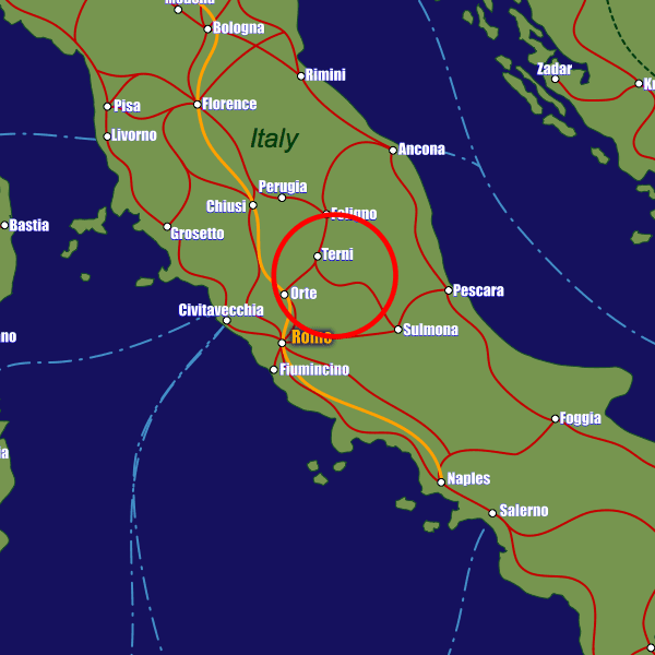 Italy rail map showing Terni