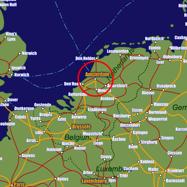 Netherlands rail map showing Amsterdam