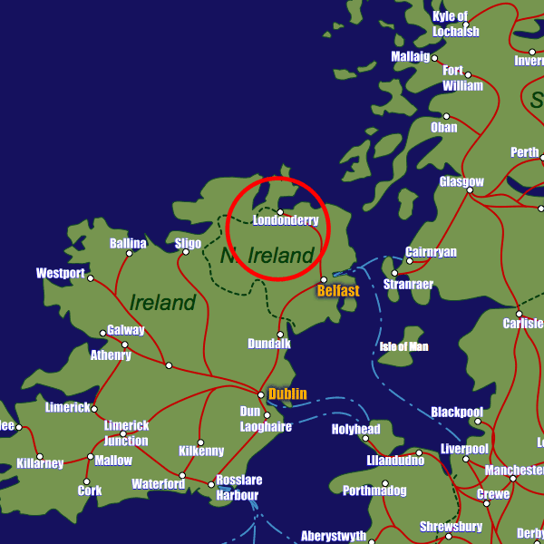 Northern Ireland rail map showing Derry