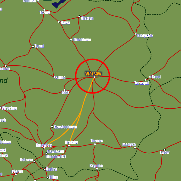 Poland rail map showing Warsaw