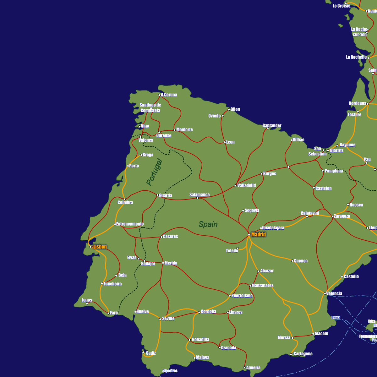 Portugal rail map with Evora