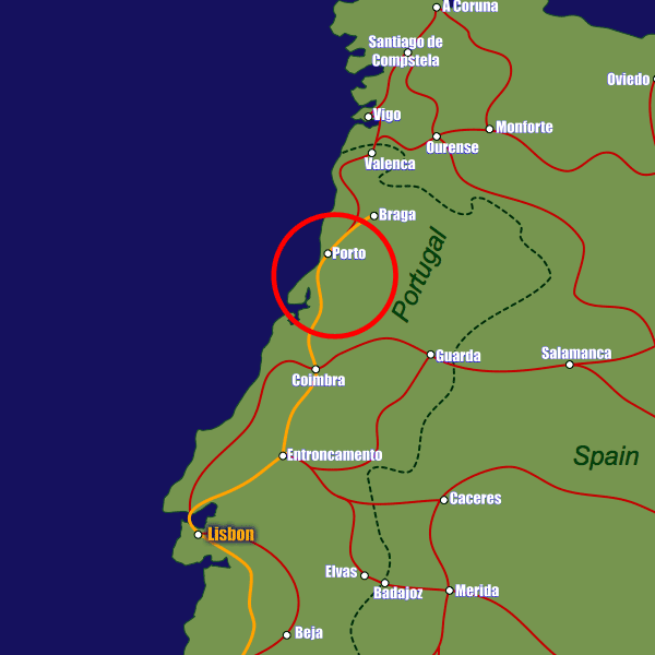 Portugal rail map showing Porto