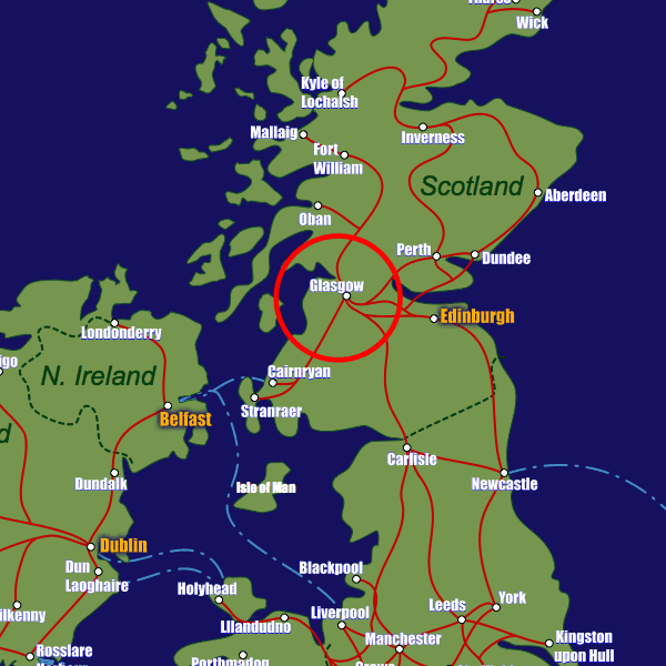 Scotland rail map showing Glasgow