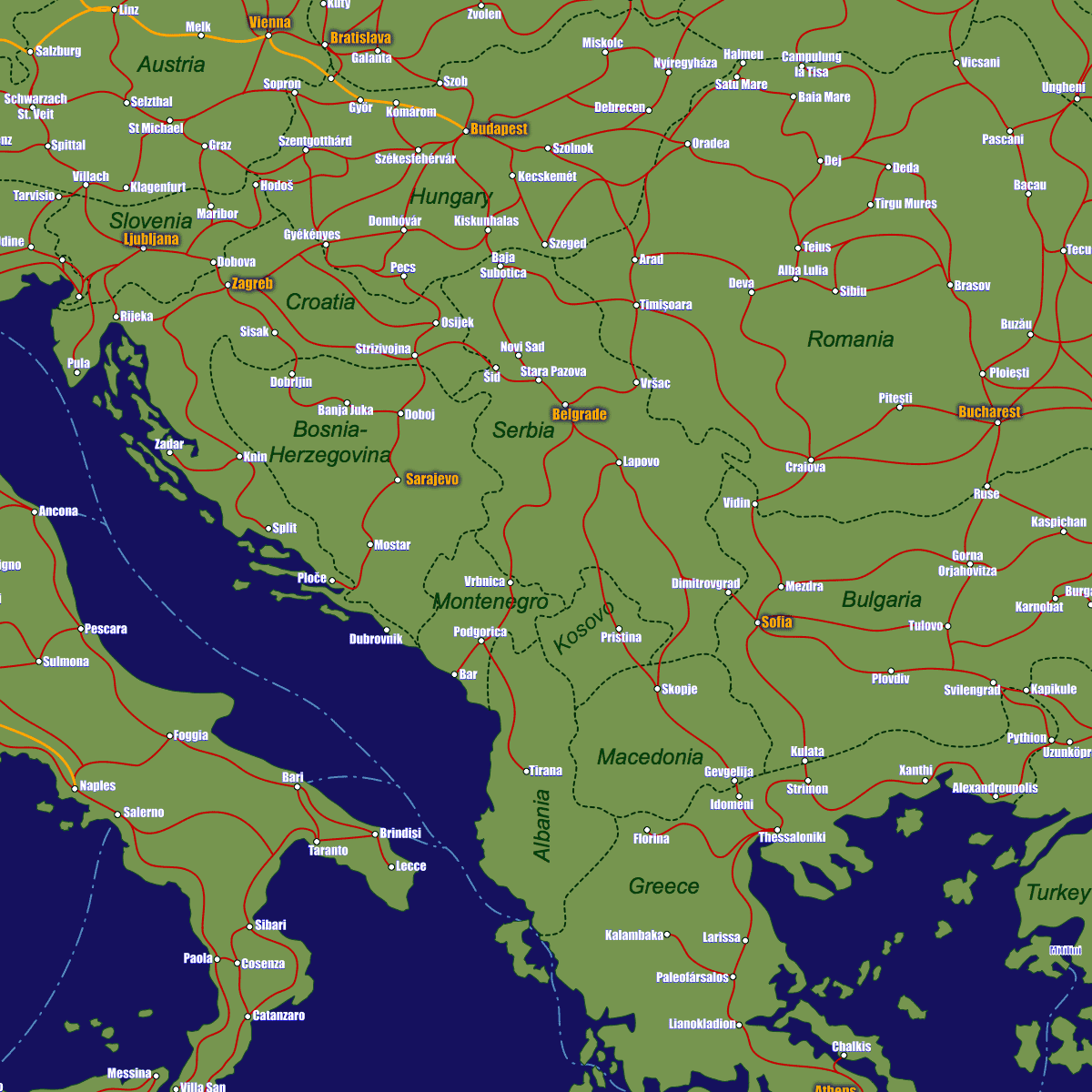 Serbia rail map with Novi Sad