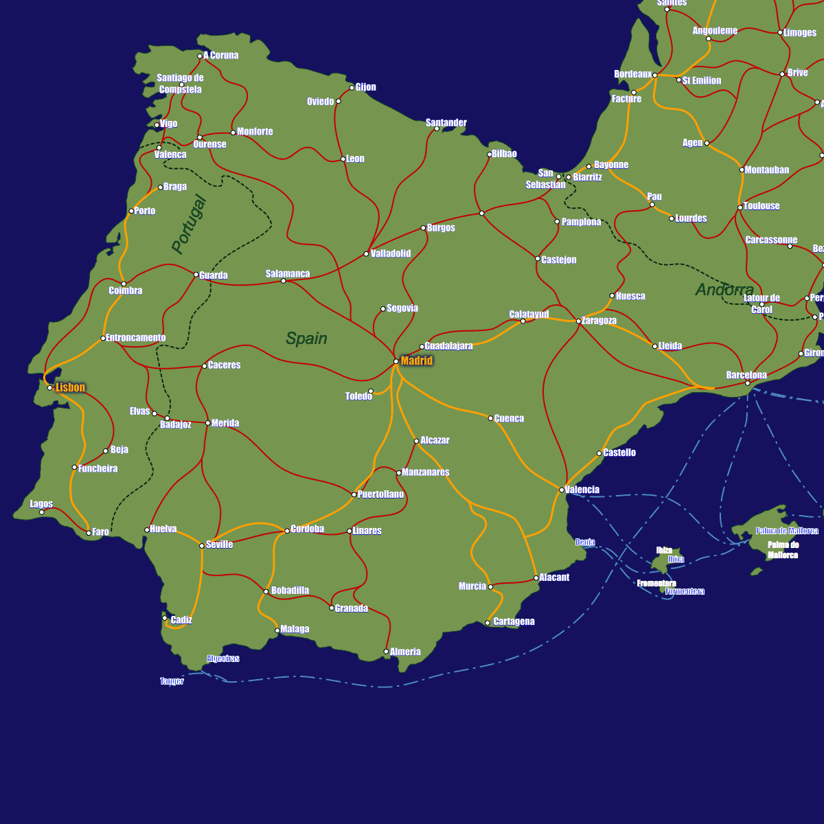 Spain rail map with Bilbao