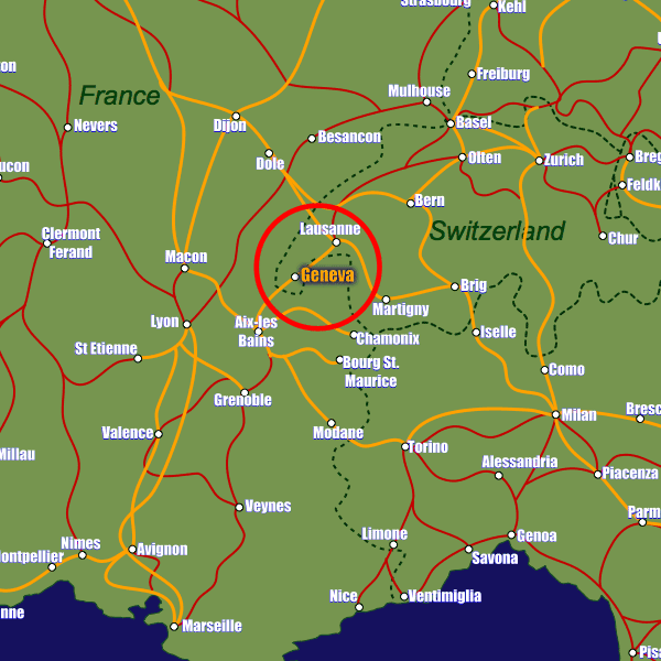 Switzerland rail map showing Geneva