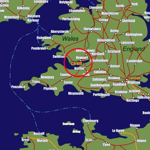 Wales rail map showing Cardiff